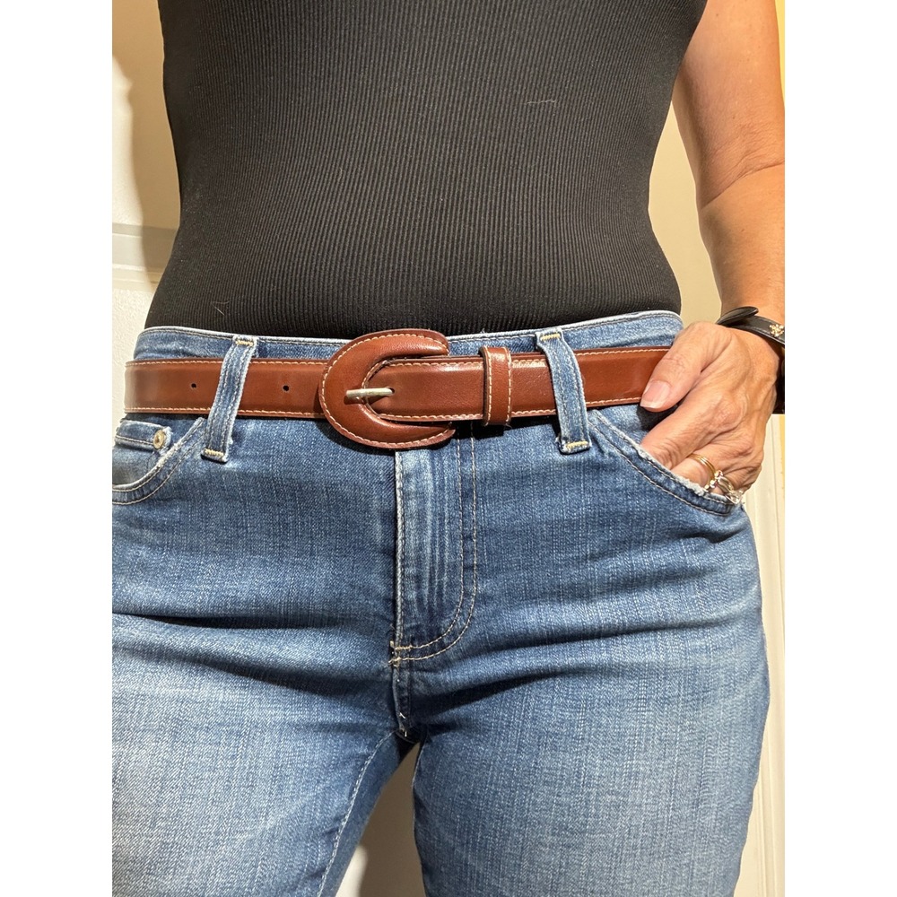 Womens Cognac Brown Vinyl Belt Leather Wrapped Horseshoe Buckle Stitched S Small